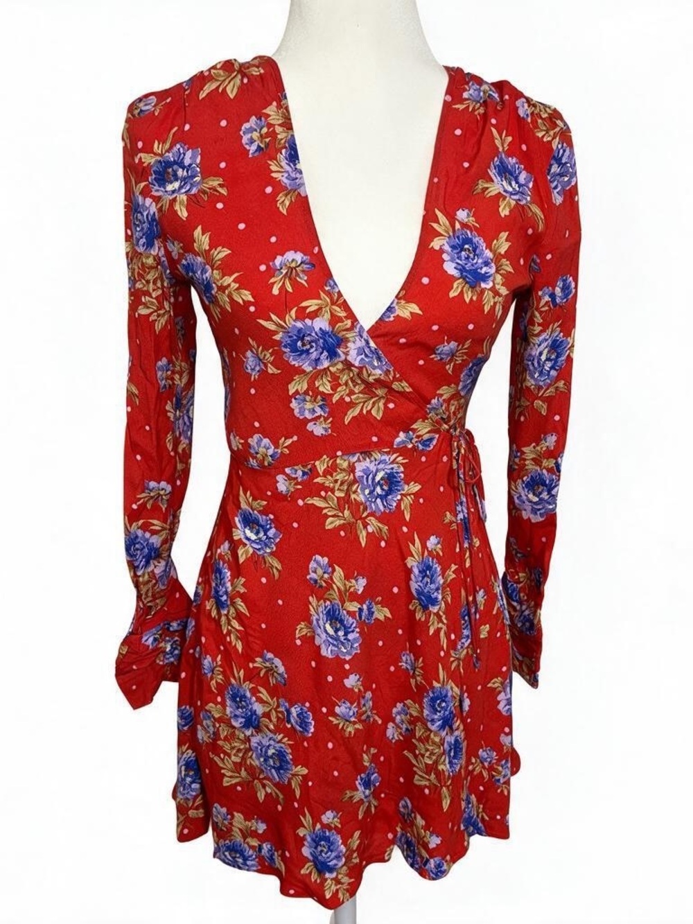 Zara Dress Women’s XS Floral V-neck Wrap Dress Red Blue Green Date Night